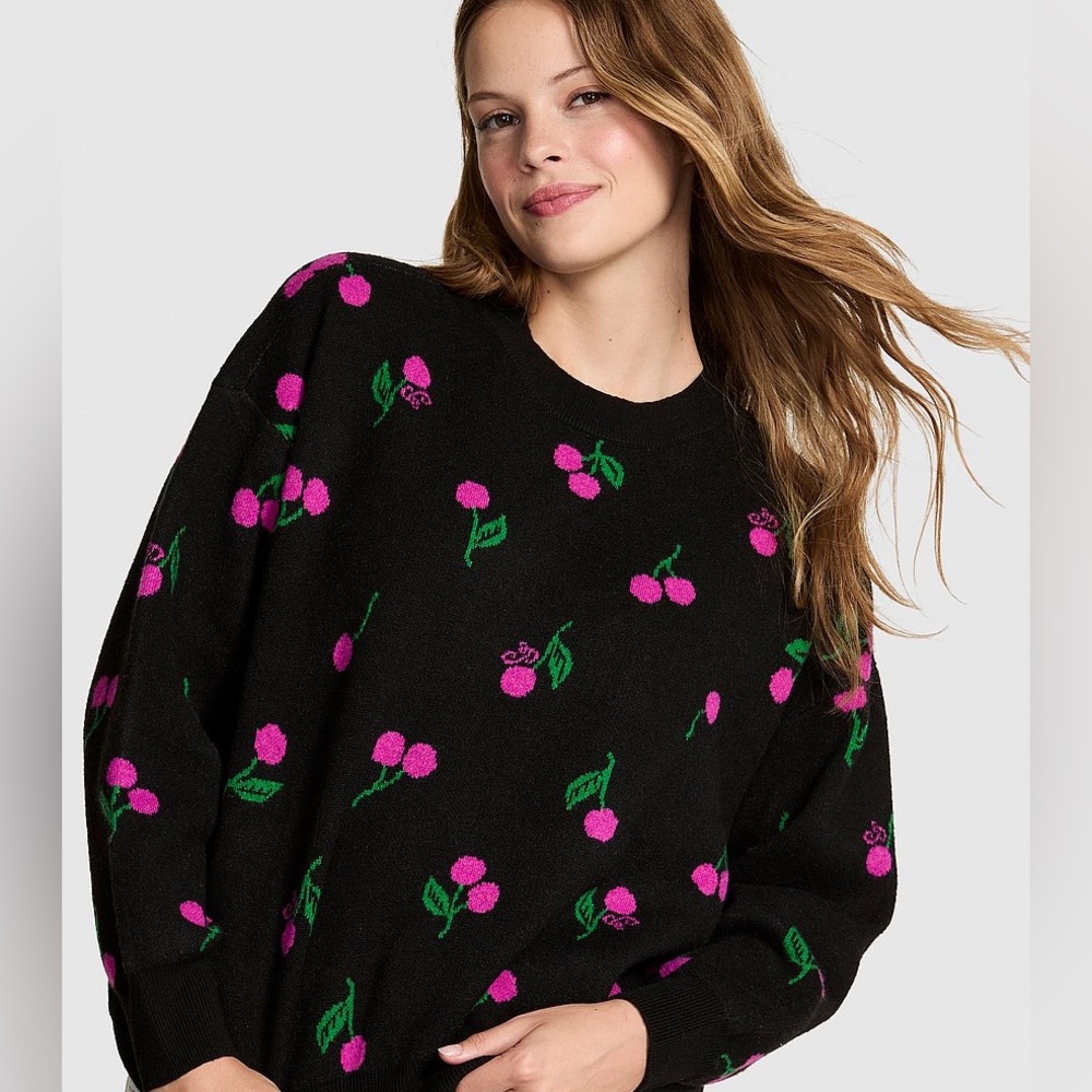 PINK Victoria's Secret Black Sweater with Pink and Green Floral Design